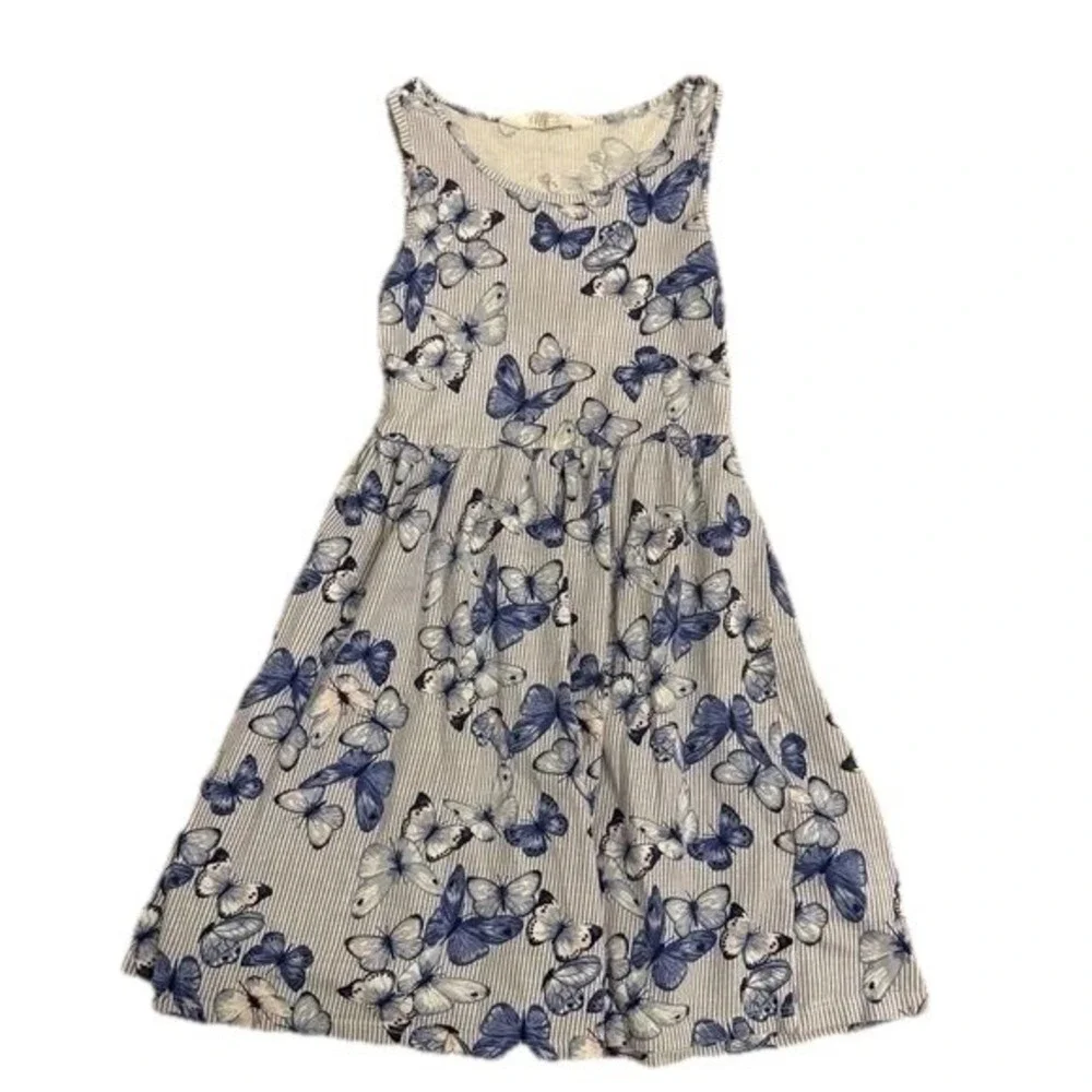 H&M Butterfly Stripe Dress Girls Size 6-8Y Blue White Cotton Sleeveless Skater